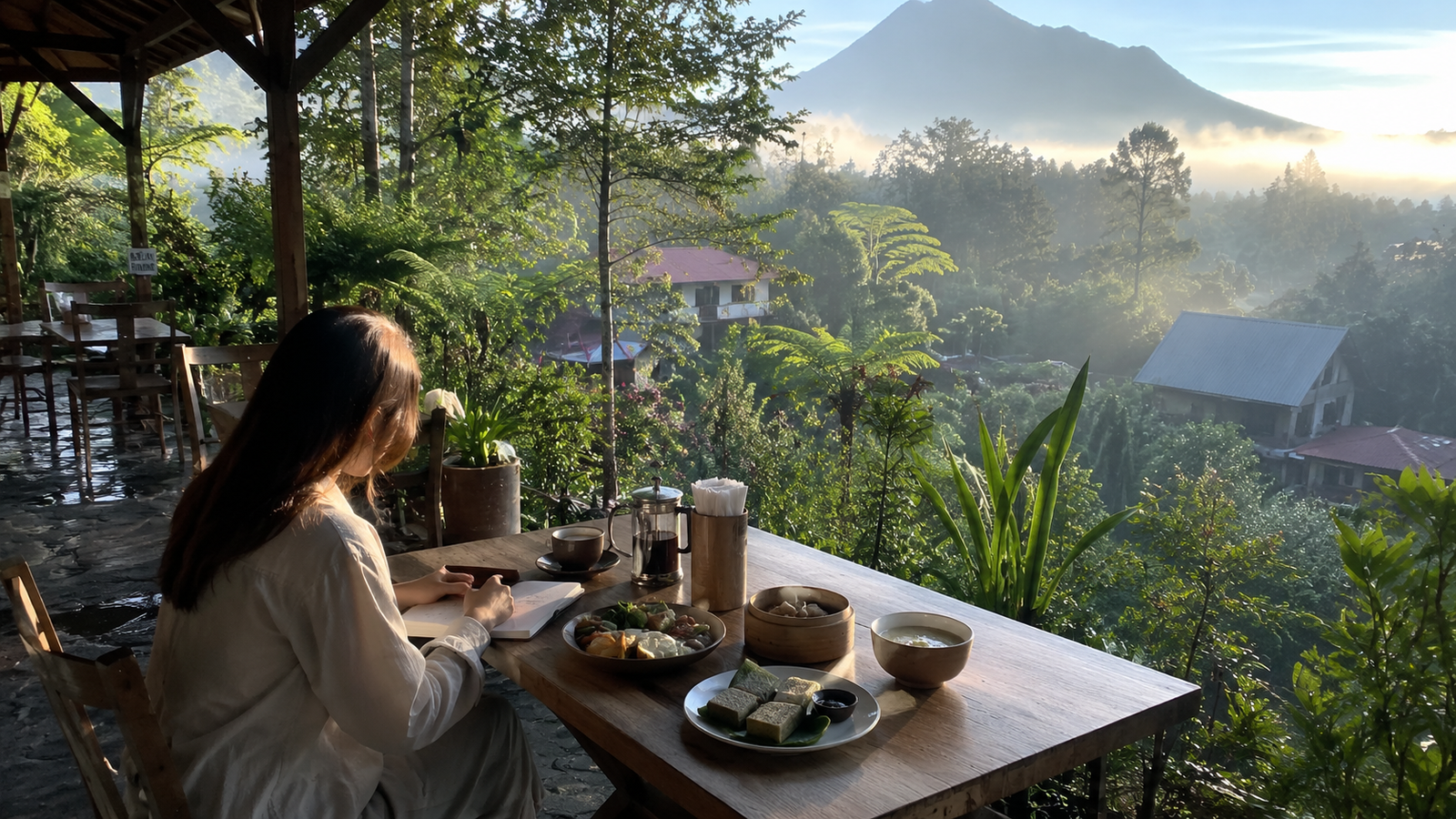Kopi klotok Kaliurang disajikan dalam teko tanah liat bersama pisang goreng