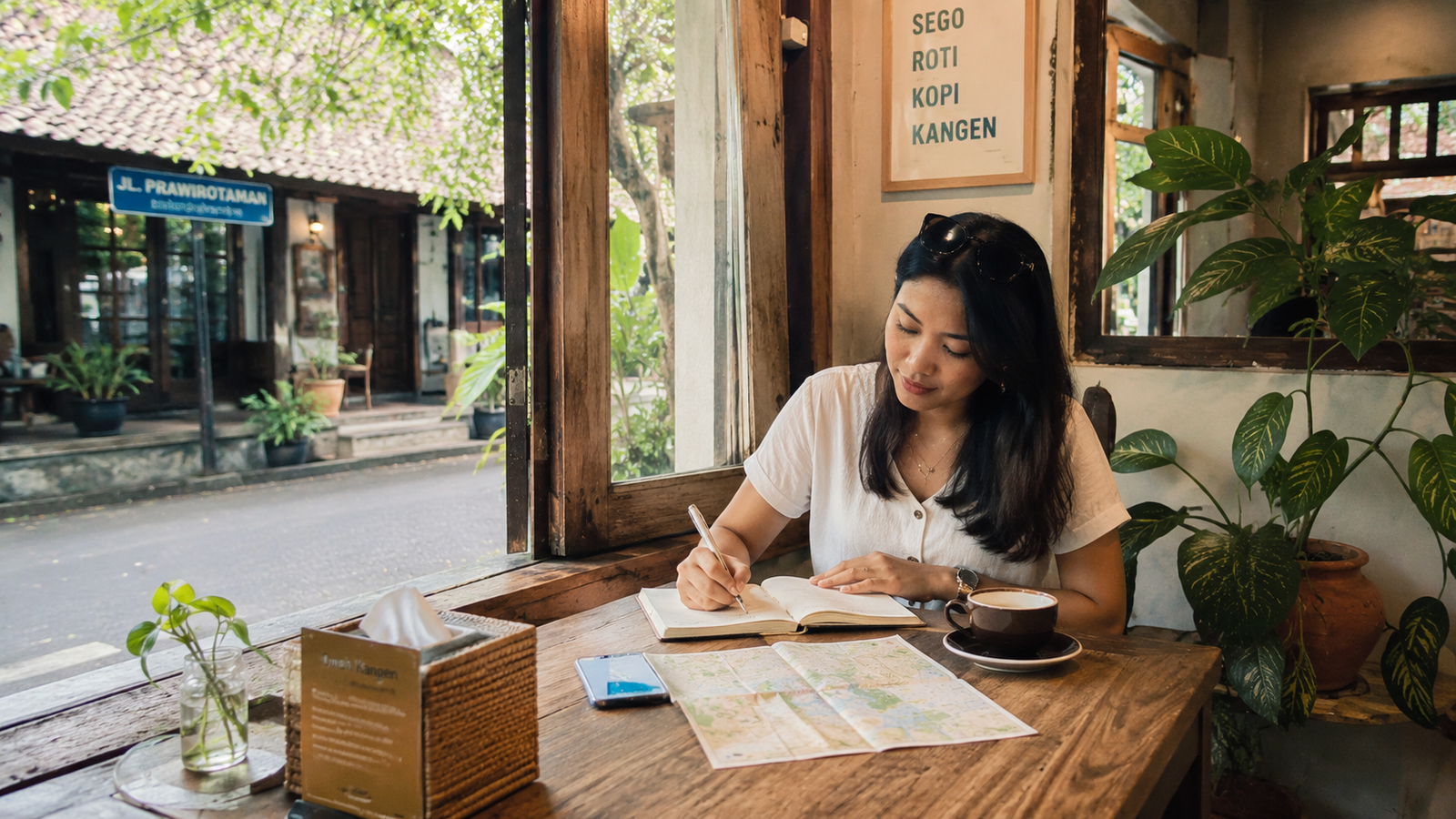 Perempuan menikmati kopi di Warung Kopi Klotok dengan latar sawah dan Gunung Merapi