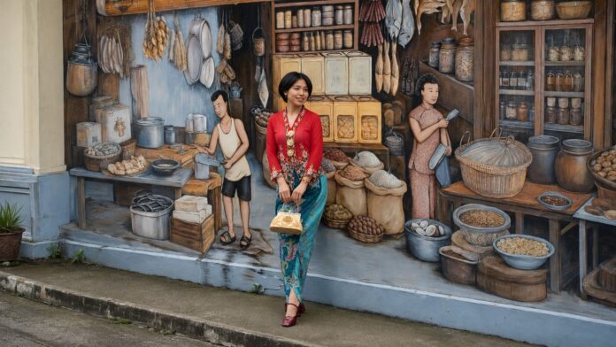Woman at Penang Street Art Mural Woman posing in front of Penang Street Art mural in George Town