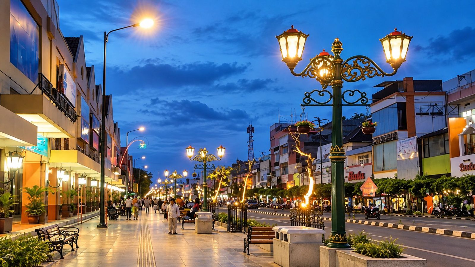Jalur pedestrian Malioboro Jogja menuju Titik Nol Kilometer di malam hari