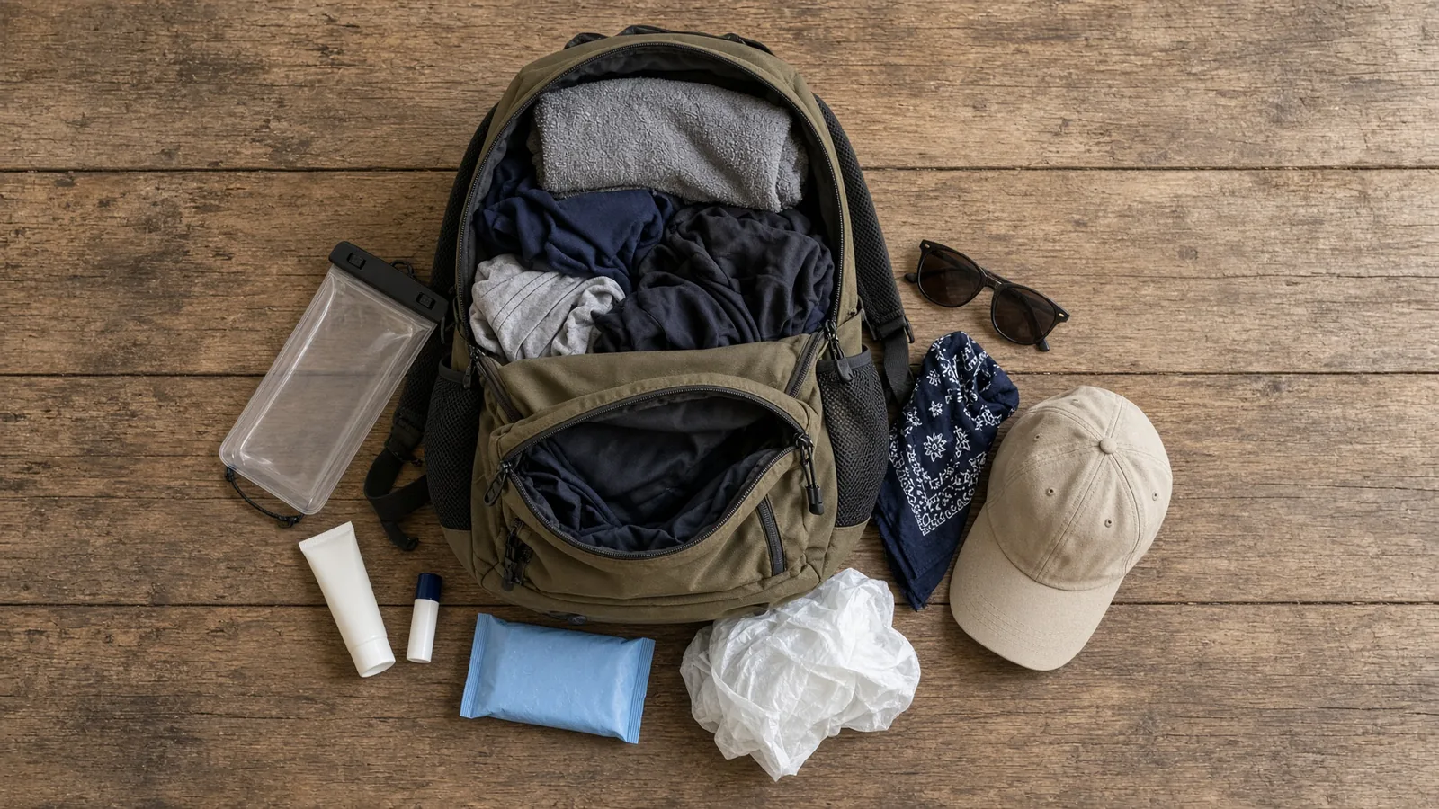 Isi tas lava tour Merapi: baju ganti, handuk, pouch tahan air, sunscreen, lip balm, tisu, kacamata hitam, bandana, dan topi