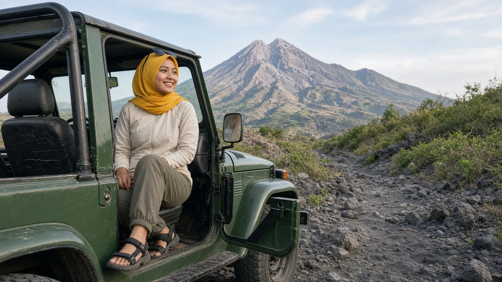 Perempuan berhijab kuning memakai celana jogger dan sandal gunung duduk di jeep lava tour Merapi
