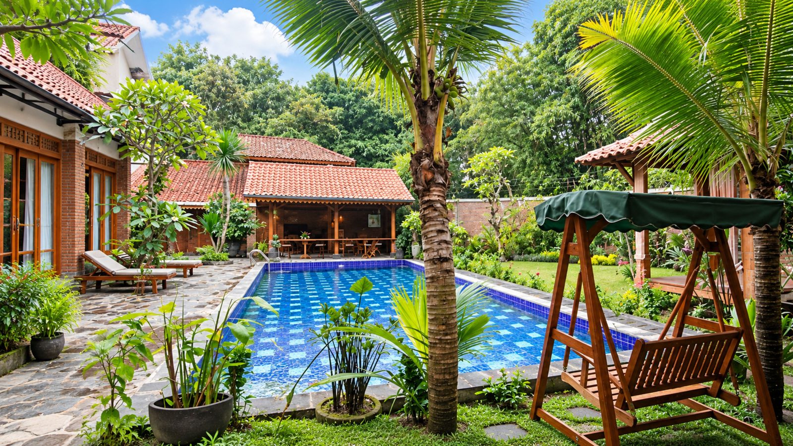 Ilustrasi halaman guest house bergaya rumah Jawa dengan taman dan kolam
