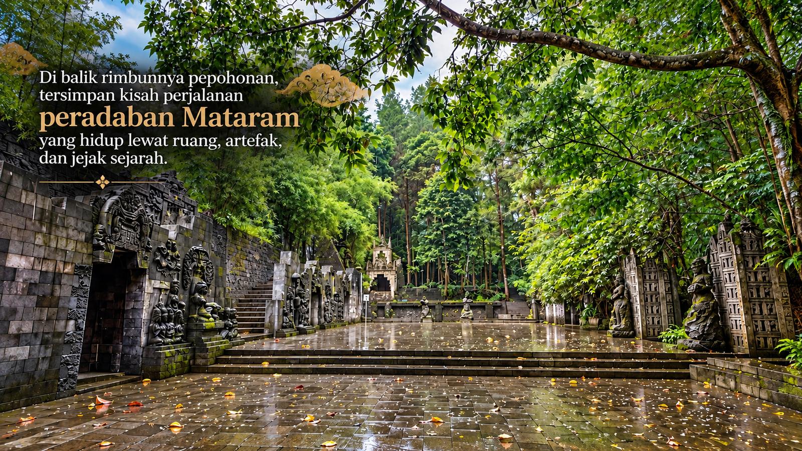 Ilustrasi lorong batu dan arca di taman museum yang basah sehabis hujan