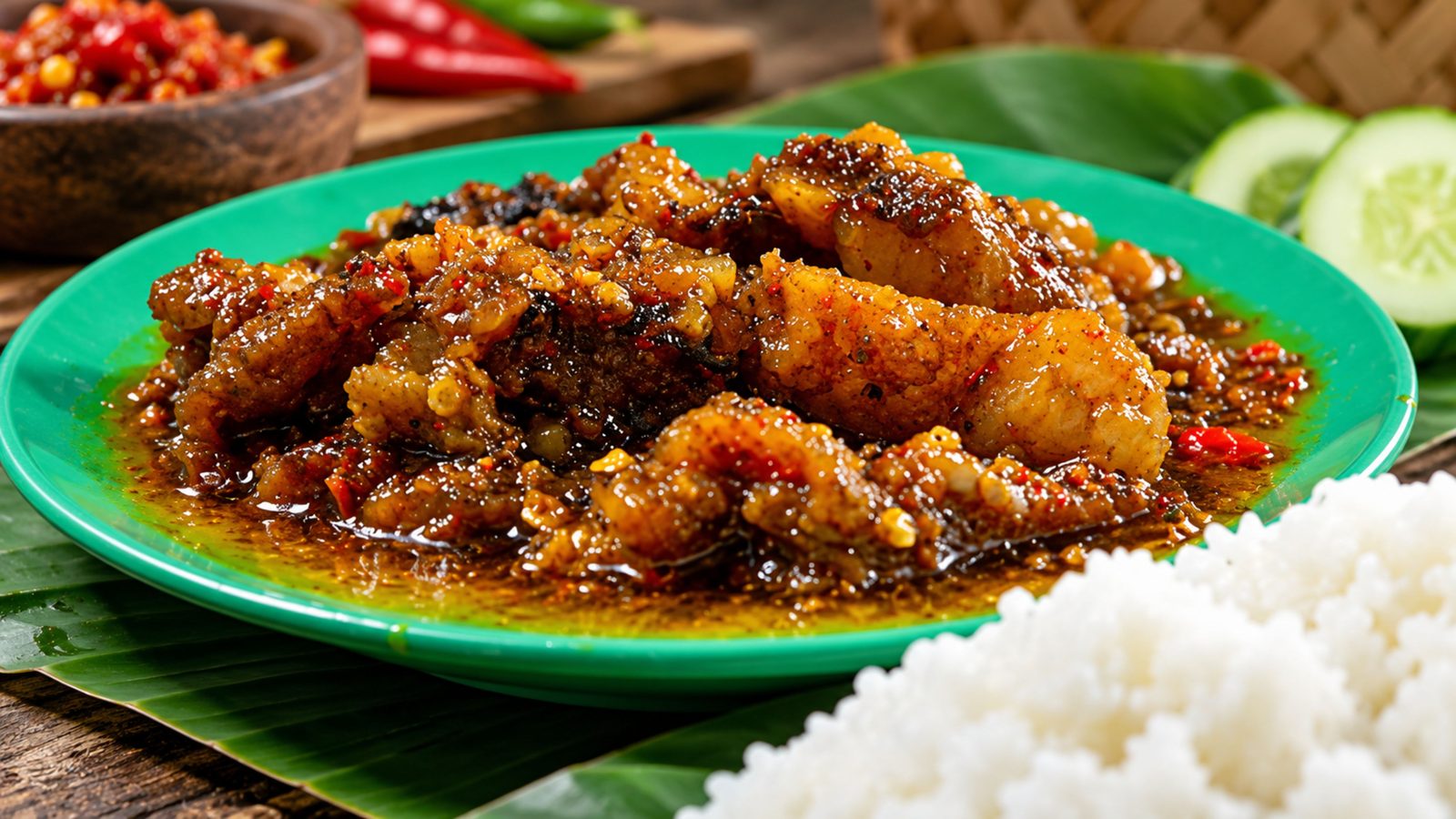 Sepiring oseng mercon daging sapi berbumbu cabai dengan nasi putih dan irisan mentimun